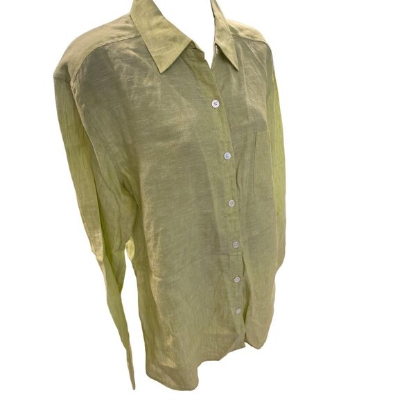 Tommy Bahama Bright Green Linen Long Sleeve Button Down Blouse - Picture 3 of 10